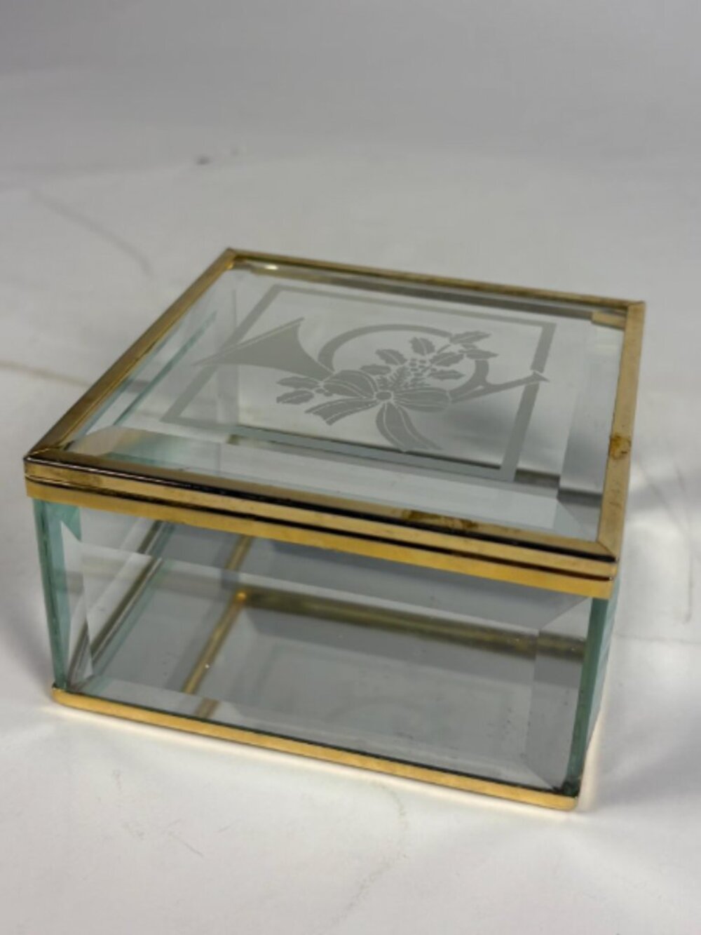 Vintage Brass and Beveled Glass Trinket Box with Etched Monogram Lid,  Holiday